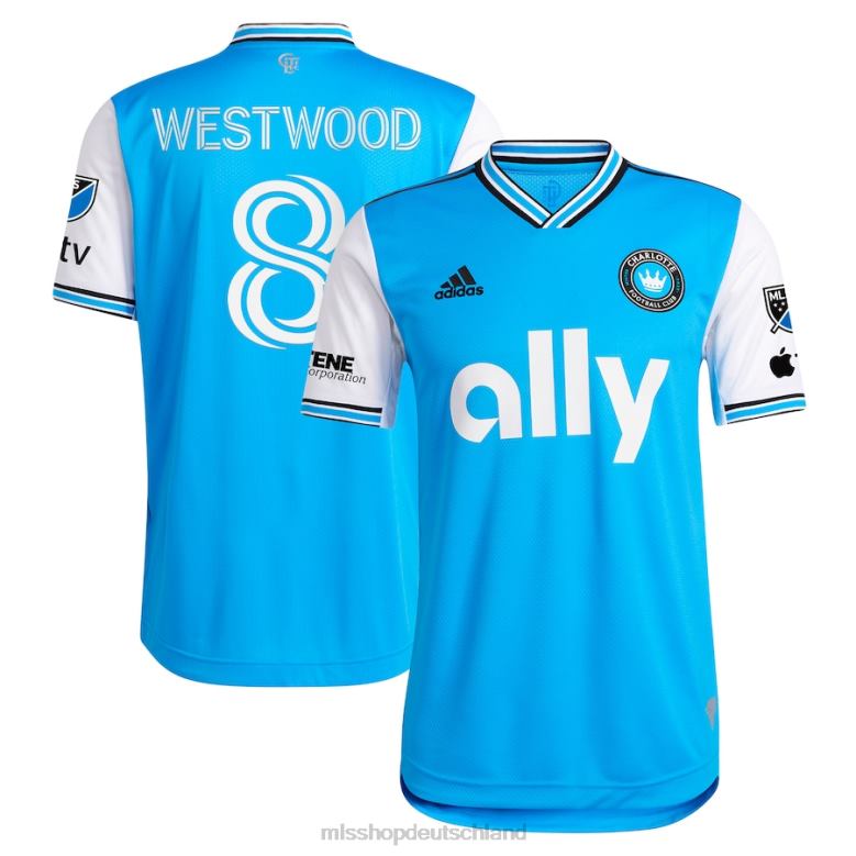 MLS Jerseys Männer Charlotte FC Ashley Westwood adidas Blau 2023 neu geprägtes authentisches Spielertrikot 4PP8T1031
